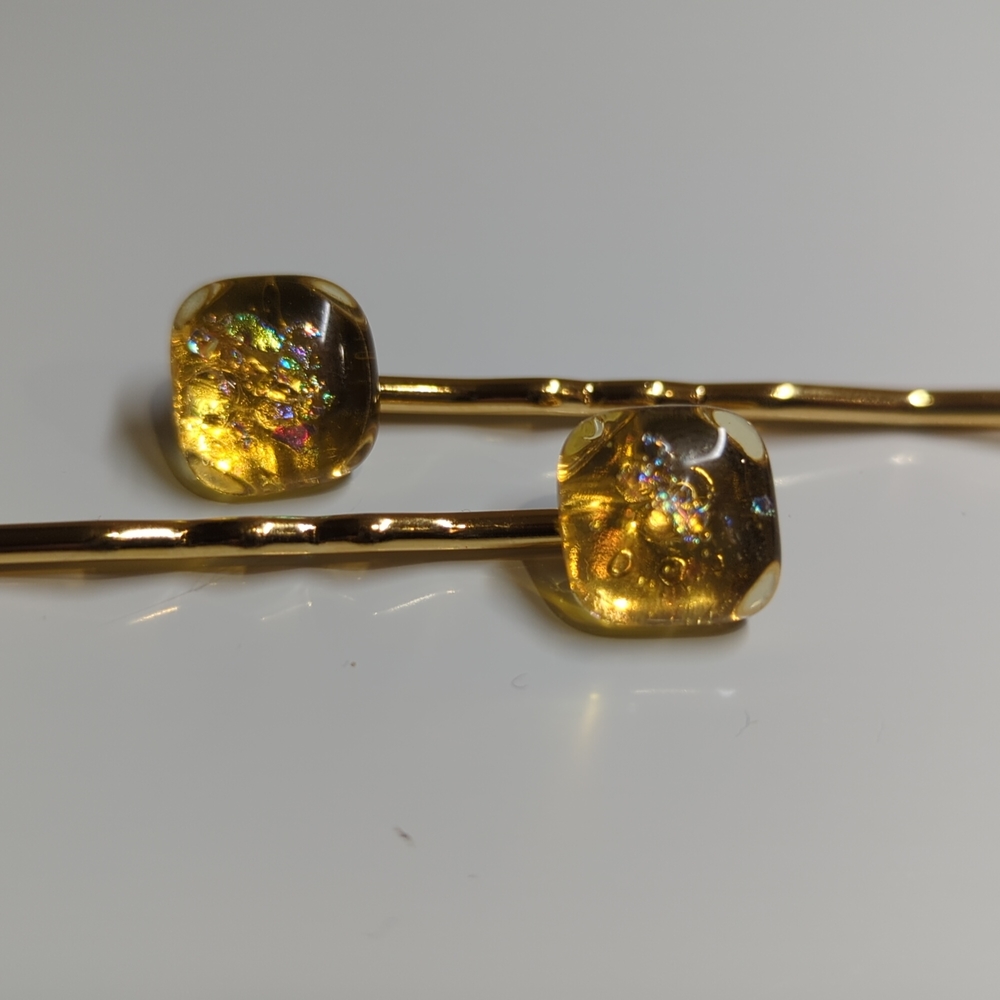 Fused glass gold barrettes with dicrotic glass sparkle! - Picture 3 of 3